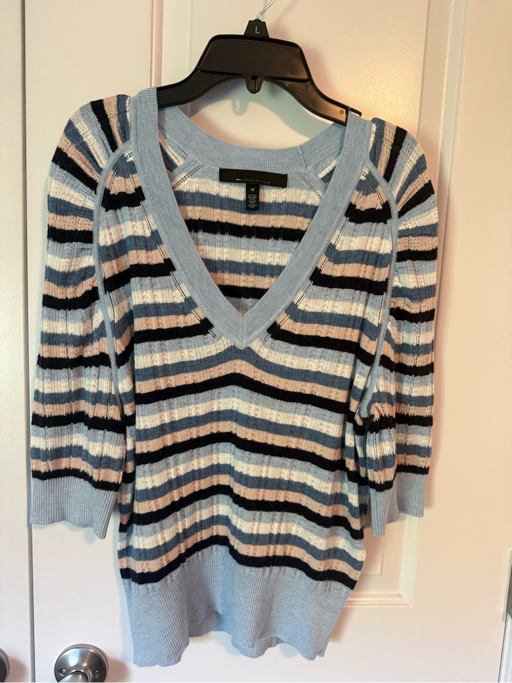 White House Black Market Light Blue, Navy & Cream Striped V-Neck Sweater